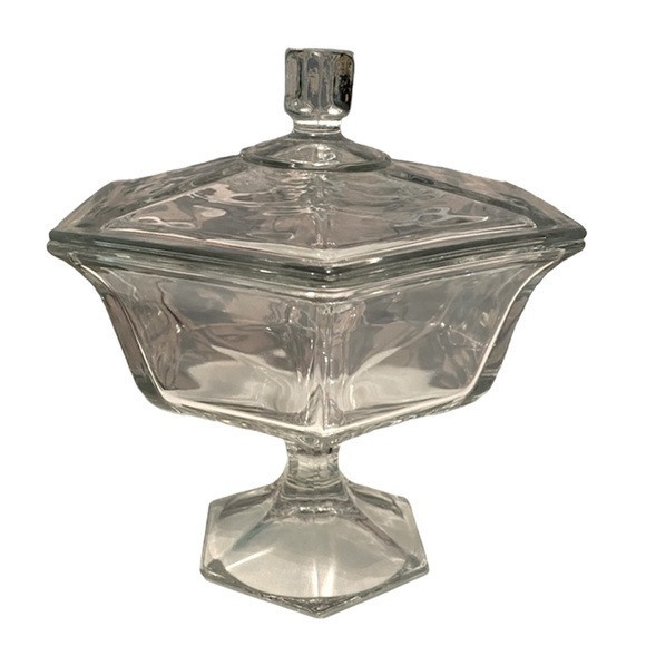 Other - NWOT 8” Candy Pedestal Dish w Lid Cover Hexagonal - Pressed Clear Crystal Glass